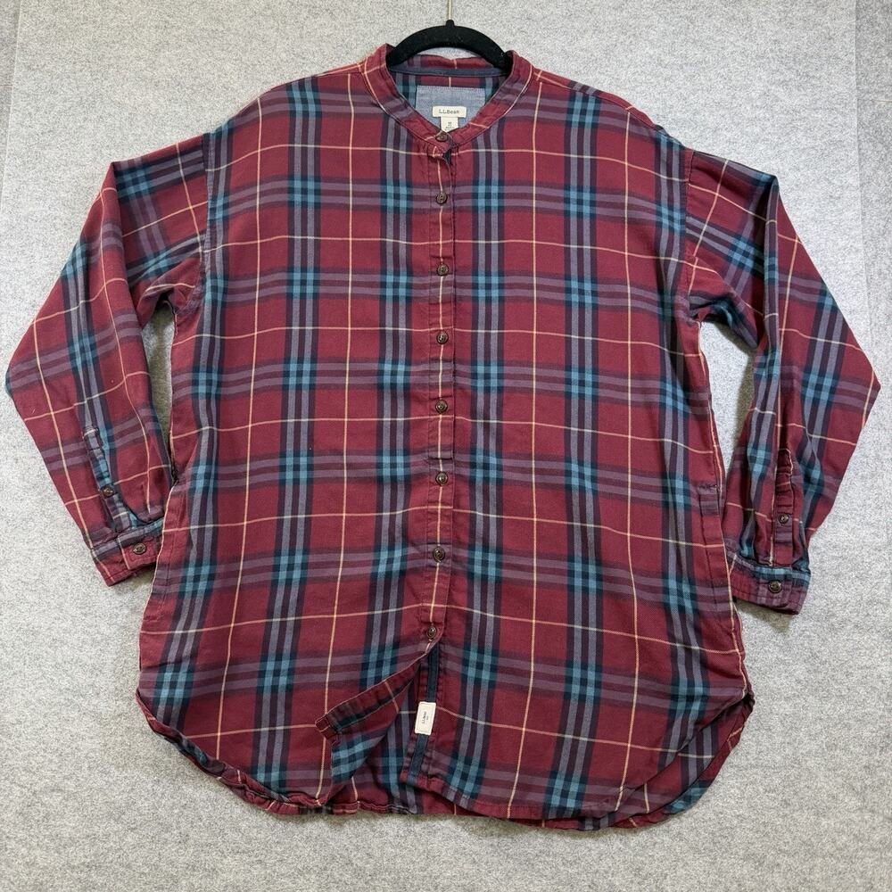 Vintage L.L.Bean Shirt Jacket Womens M Plaid Band Collar Organic Cotton Tencel